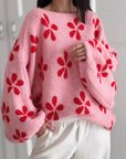 Pullover, Blumen, Ballonärmel, Rosa-Rot