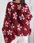 Pullover, Blumen, Ballonärmel, Bordeaux-Rosa