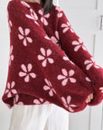 Pullover, Blumen, Ballonärmel, Bordeaux-Rosa