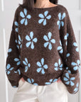 Pullover, Blumen, Ballonärmel, Schoko-Blau