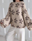 Pullover, Blumen, Ballonärmel, Beige-Taupe