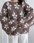 Pullover, Blumen, Ballonärmel, Taupe-Creme