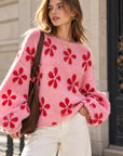 Pullover, Blumen, Ballonärmel, Rosa-Rot