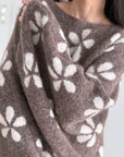 Pullover, Blumen, Ballonärmel, Taupe-Creme