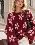 Pullover, Blumen, Ballonärmel, Bordeaux-Rosa