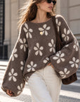 Pullover, Blumen, Ballonärmel, Taupe-Creme