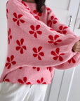 Pullover, Blumen, Ballonärmel, Rosa-Rot