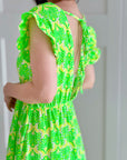 Musselin Kleid, rückenfrei, ärmellos, Palmenblätter, Neon-Grün