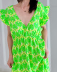 Musselin Kleid, rückenfrei, ärmellos, Palmenblätter, Neon-Grün