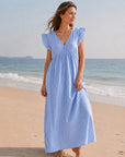 Musselin Kleid, rückenfrei, ärmellos, Streifen, Blau-Hellblau