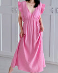 Musselin Kleid, rückenfrei, ärmellos, feine Streifen, Orange-Rosa