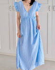 Musselin Kleid, rückenfrei, ärmellos, Streifen, Blau-Hellblau