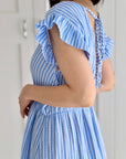 Musselin Kleid, rückenfrei, ärmellos, Streifen, Blau-Hellblau