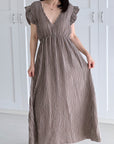 Musselin Kleid, rückenfrei, ärmellos, Streifen, Schoko-Taupe
