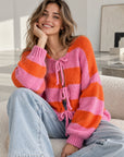 Strickjacke, zum Binden, Streifen, Orange