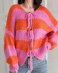 Strickjacke, zum Binden, Streifen, Orange