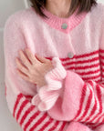 Strickjacke, Streifen, Volantbündchen, Rosa