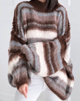 Oversize-Pullover, flauschi, bunte Streifen, Mokka-Grau