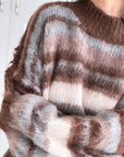 Oversize-Pullover, flauschi, bunte Streifen, Mokka-Grau