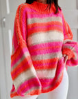 Oversize-Pullover, flauschi, bunte Streifen, NeonOrange-Pink