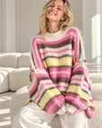 Oversize-Pullover, flauschi, bunte Streifen, Rosa-Vanille