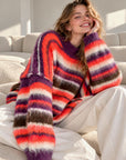 Oversize-Pullover, flauschi, bunte Streifen, Lila-Koralle