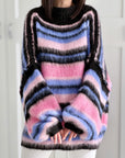 Oversize-Pullover, flauschi, bunte Streifen, Violett-Rosa