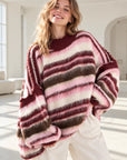 Oversize-Pullover, flauschi, bunte Streifen, Bordeaux-Rosa