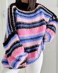 Oversize-Pullover, flauschi, bunte Streifen, Violett-Rosa