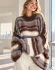 Oversize-Pullover, flauschi, bunte Streifen, Mokka-Grau