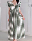 Musselin Kleid, rückenfrei, ärmellos, breite Streifen, Olive