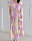 Musselin Kleid, rückenfrei, ärmellos, breite Streifen, Violett
