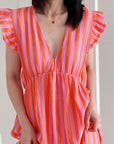 Musselin Kleid, rückenfrei, ärmellos, breite Streifen, Orange