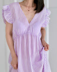 Musselin Kleid, rückenfrei, ärmellos, Streifen, Violett-Weiß