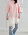 T-Shirt mit Spitzenbesatz, Streifen, 3 Farben
