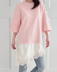 T-Shirt mit Spitzenbesatz, Streifen, 3 Farben