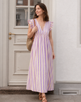 Musselin Kleid, rückenfrei, ärmellos, breite Streifen, Violett