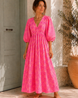Musselin Kleid, rückenfrei, Palmenblätter, Neon-Pink