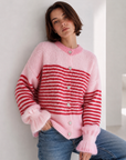 Strickjacke, Streifen, Volantbündchen, Rosa