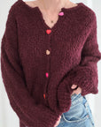 Bouclé Strickjacke, Herzknöpfe, 6 Farben