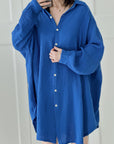 Musselin Bluse, long oversize, Blau