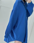 Musselin Bluse, long oversize, Blau