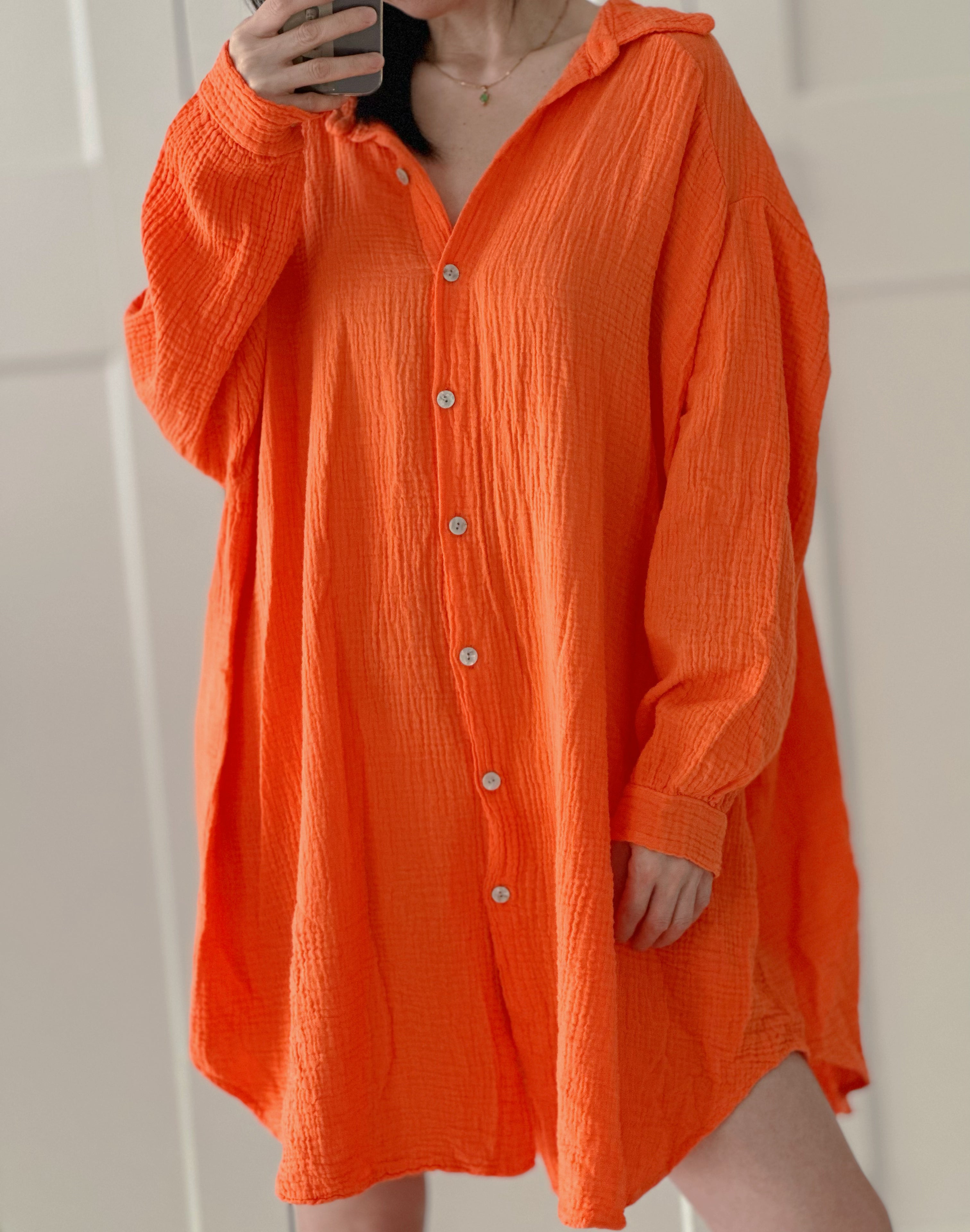 Musselin Bluse, long oversize, Orange