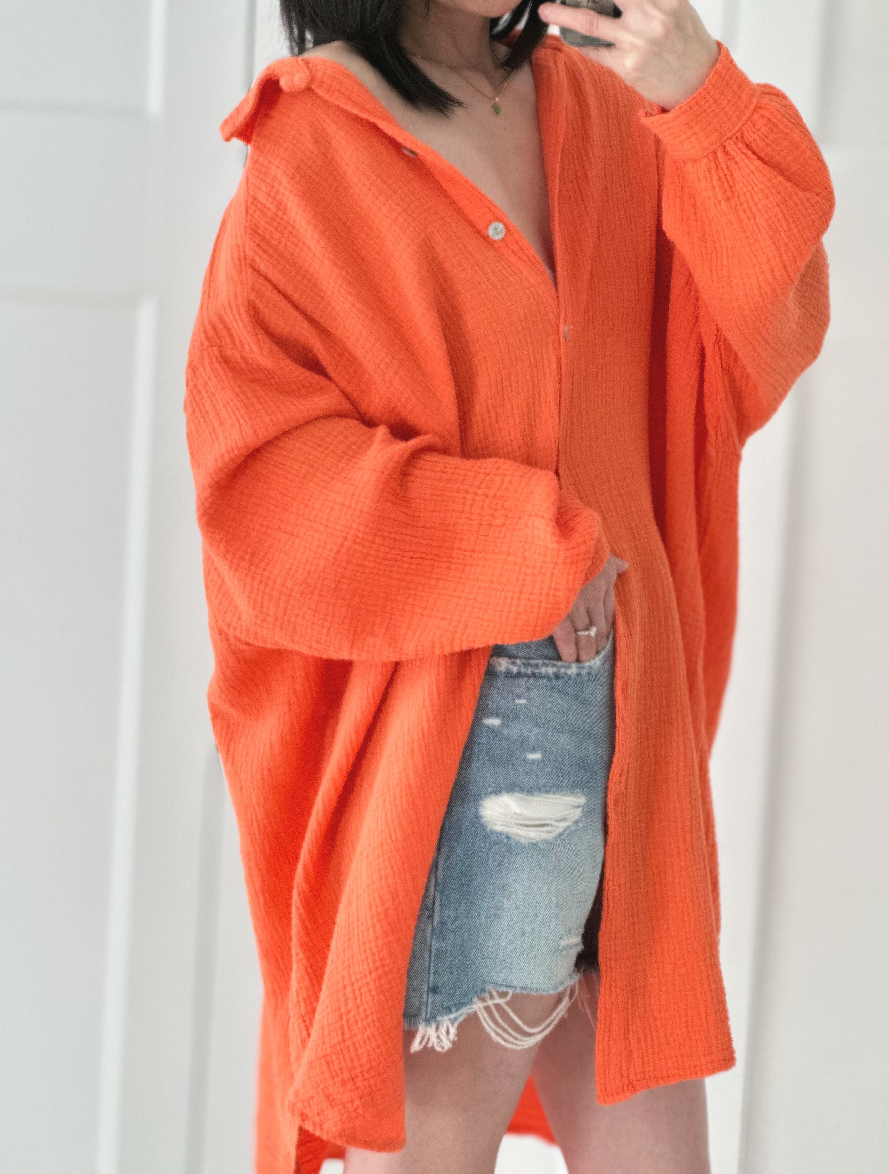 Musselin Bluse, long oversize, Orange