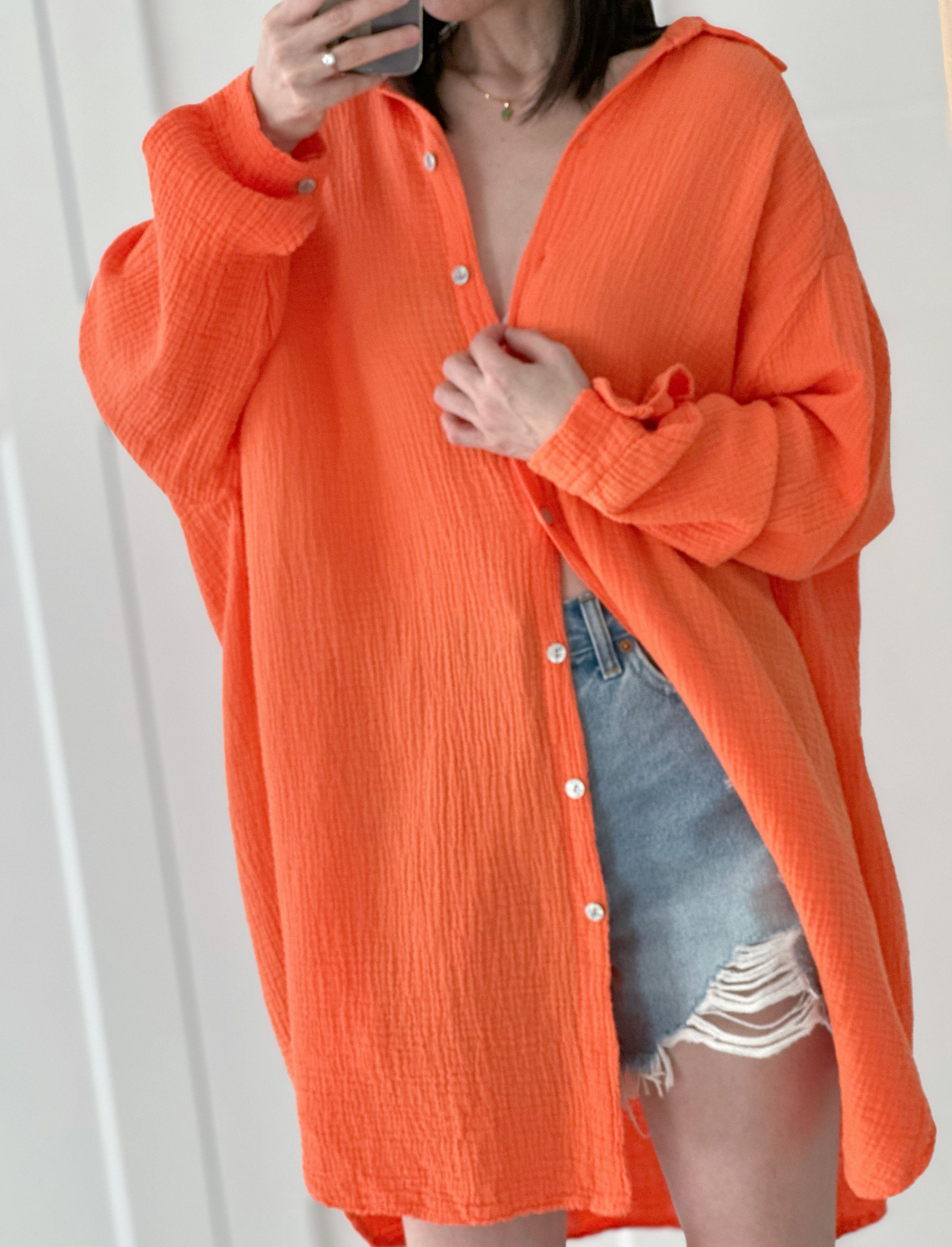 Musselin Bluse, long oversize, Orange
