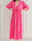 Musselin Kleid, Rückenausschnitt, Pink-Streifen, 3 Farben