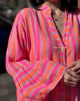 Musselin Tunika, Trompetenärmel, breite Streifen, Neon