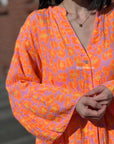 Musselin Tunika, Trompetenärmel, Leo '25, Neon-Orange