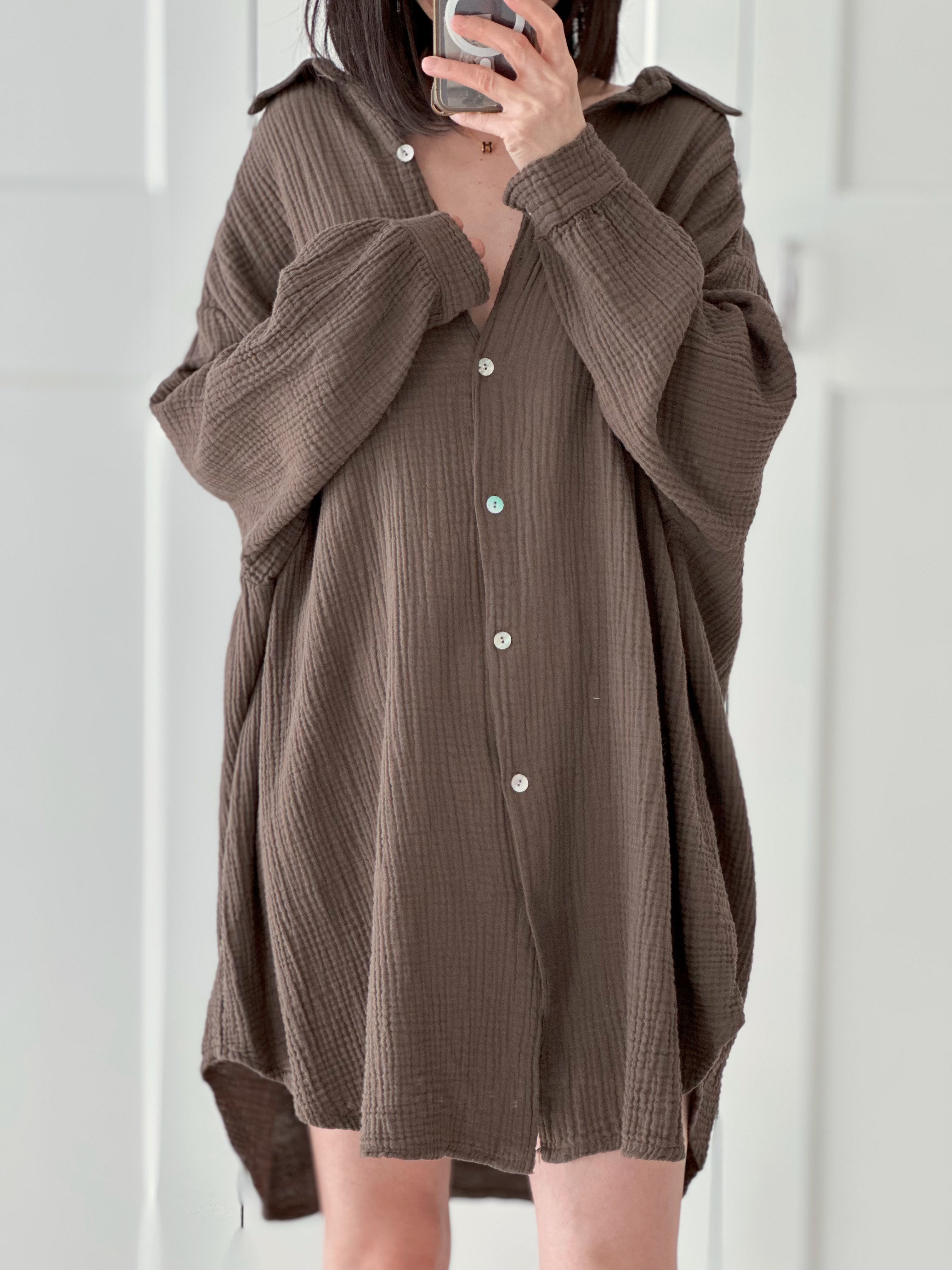 Musselin Bluse, long oversize, Braun