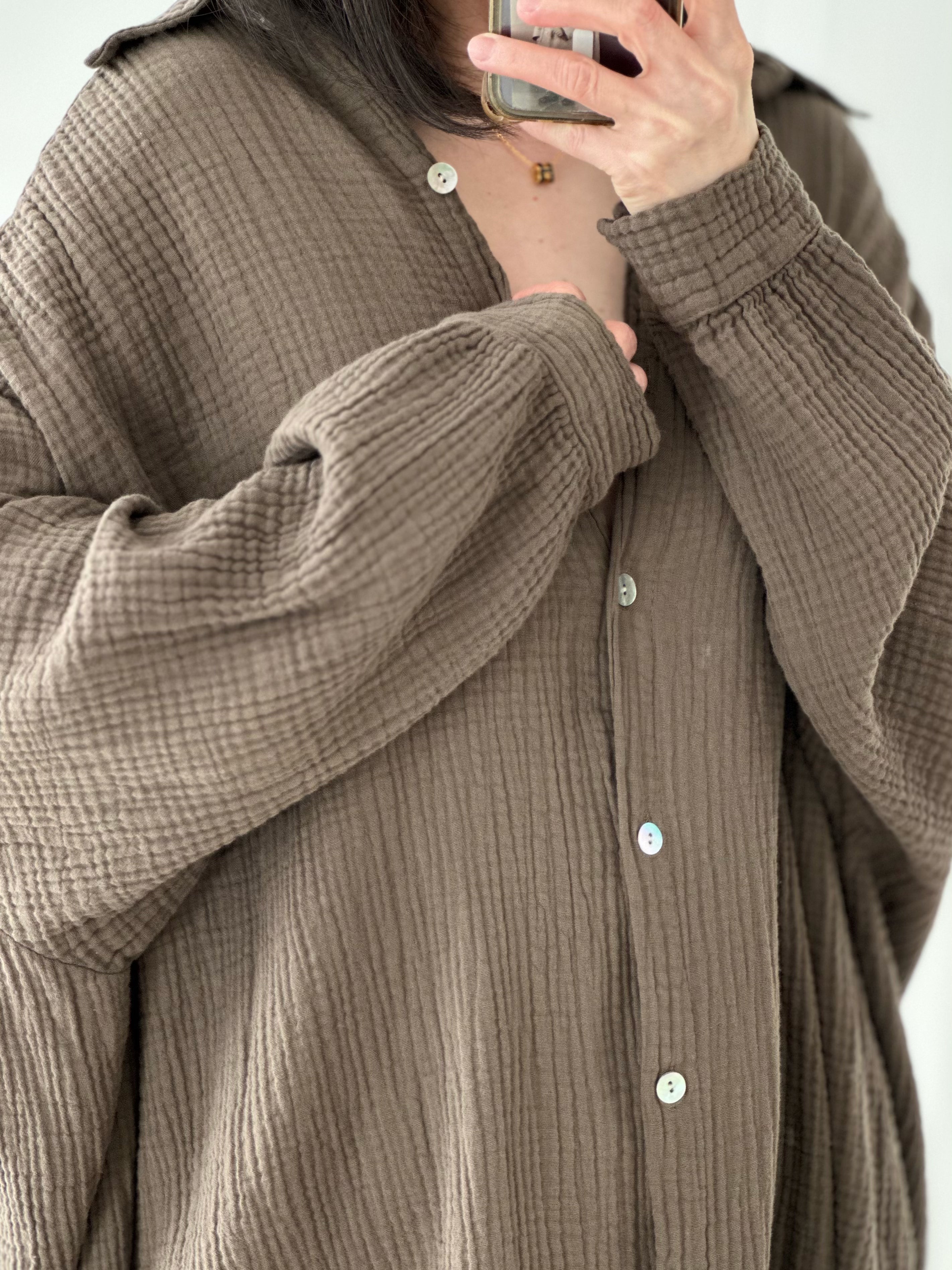 Musselin Bluse, long oversize, Braun